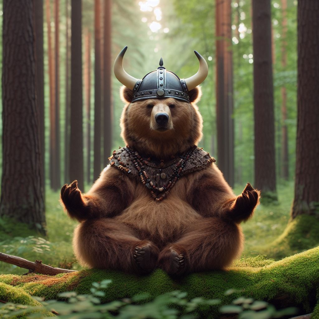 A brown bear in a Viking helmet seated calmly in a pine forest